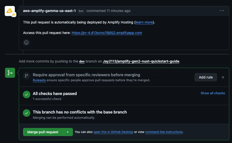GitHub pull request displaying preview URL in a bot comment