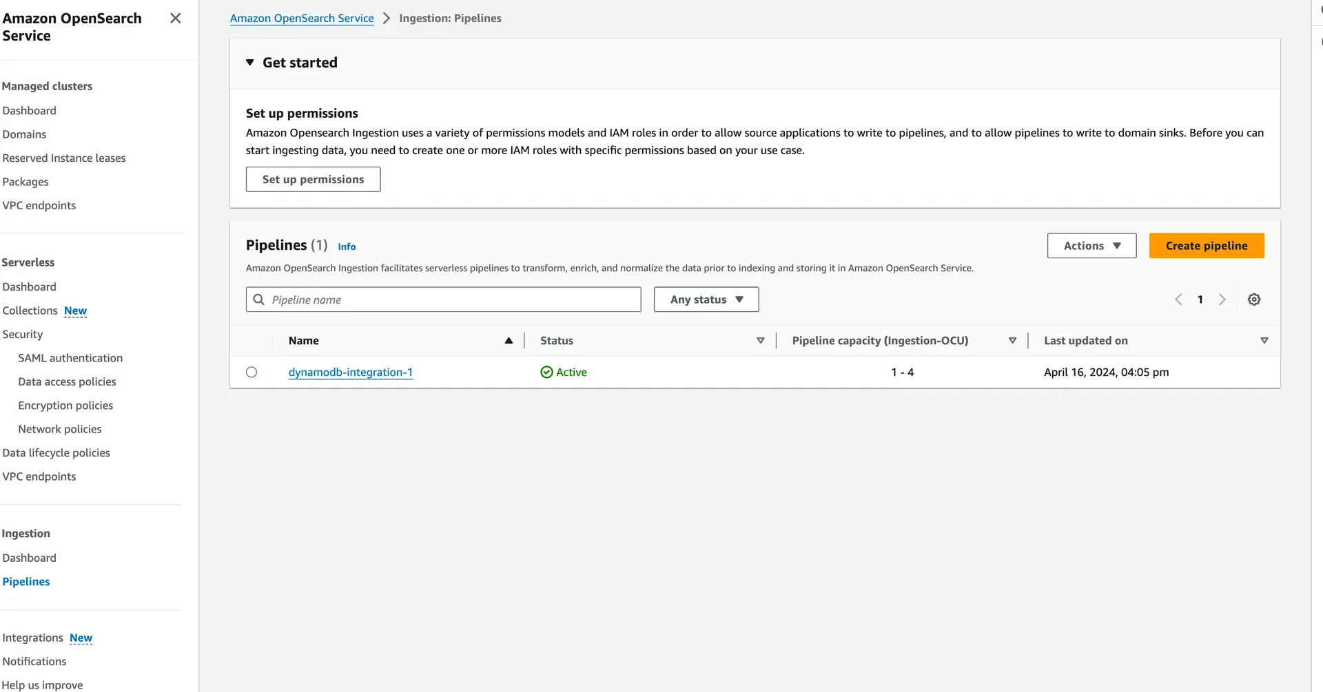 A screenshot displaying the OpenSearch OSIS pipeline created under the DynamoDB integrations section