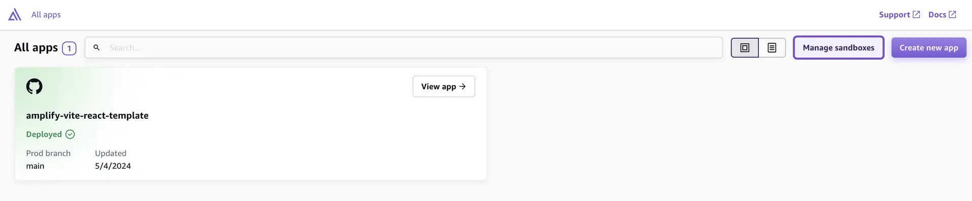 Amplify console view with a deployed Amplify app and navigation for "Manage sandboxes"