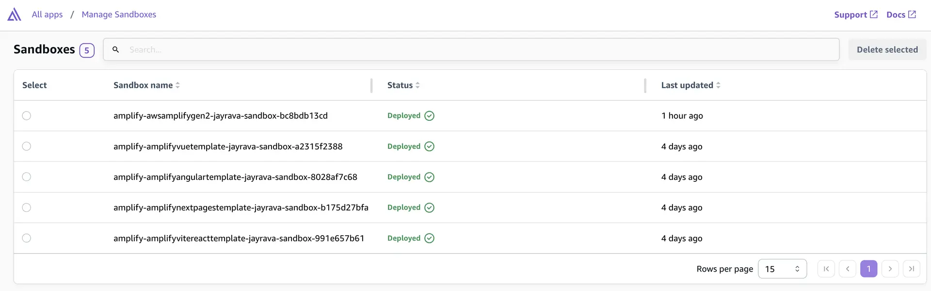 Amplify console view for "Manage sandbox" showing one active cloud sandbox