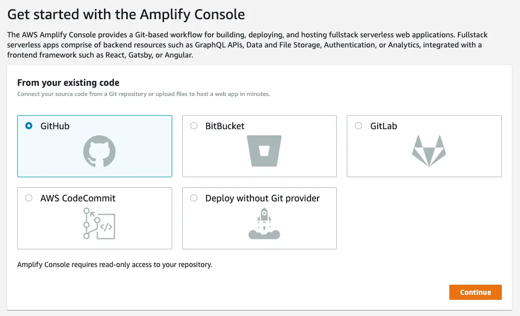 Gatsby Hosting with Amplify Console - Choosing Git provider
