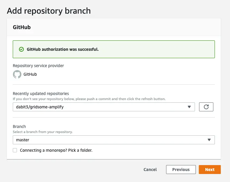 Gridsome Hosting with Amplify Console - Choosing your Git repo and branch