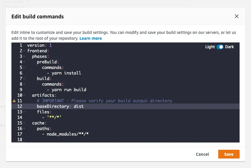 Gridsome Hosting with Amplify Console - Configuring the build settings