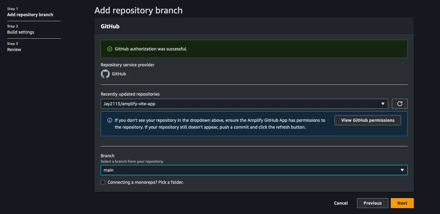 Vite Hosting with Amplify Console - Choosing your Git repo and branch