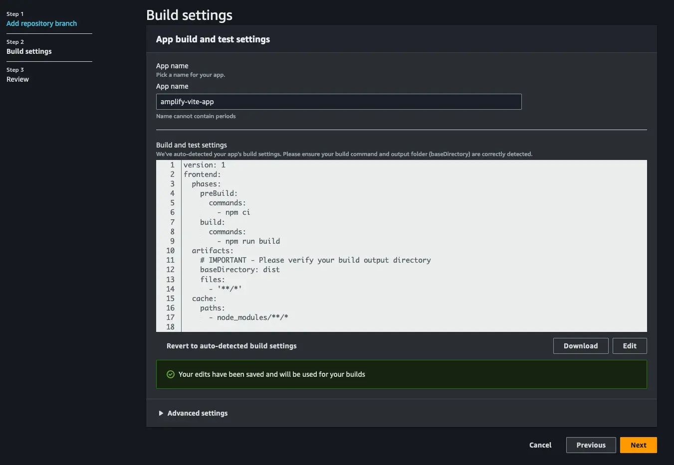 Vite Hosting with Amplify Console - Configuring the build settings