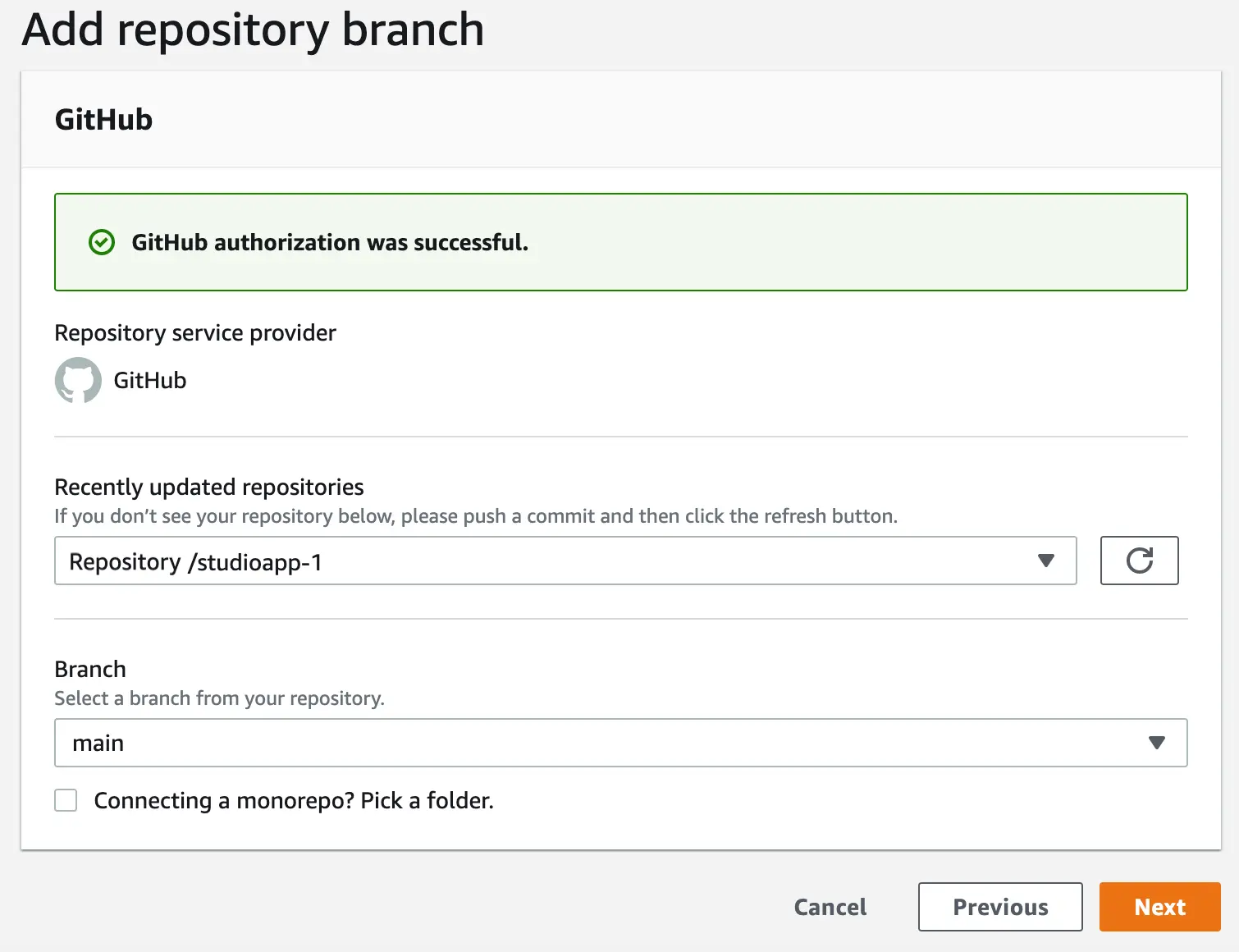 Adding a repository through the Amplify Hosting form, including selecting a repository provider and a branch name.