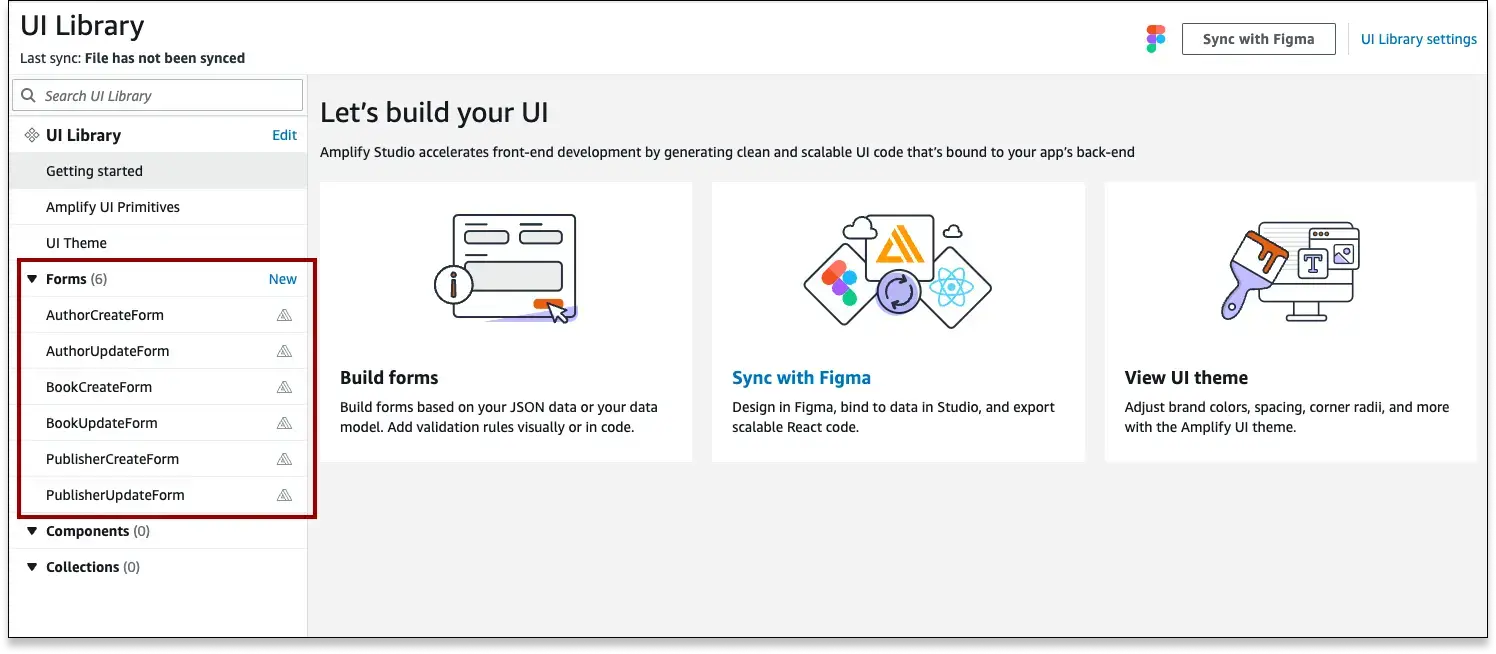 Studio console showing auto-generated forms in the left-hand navigation pane