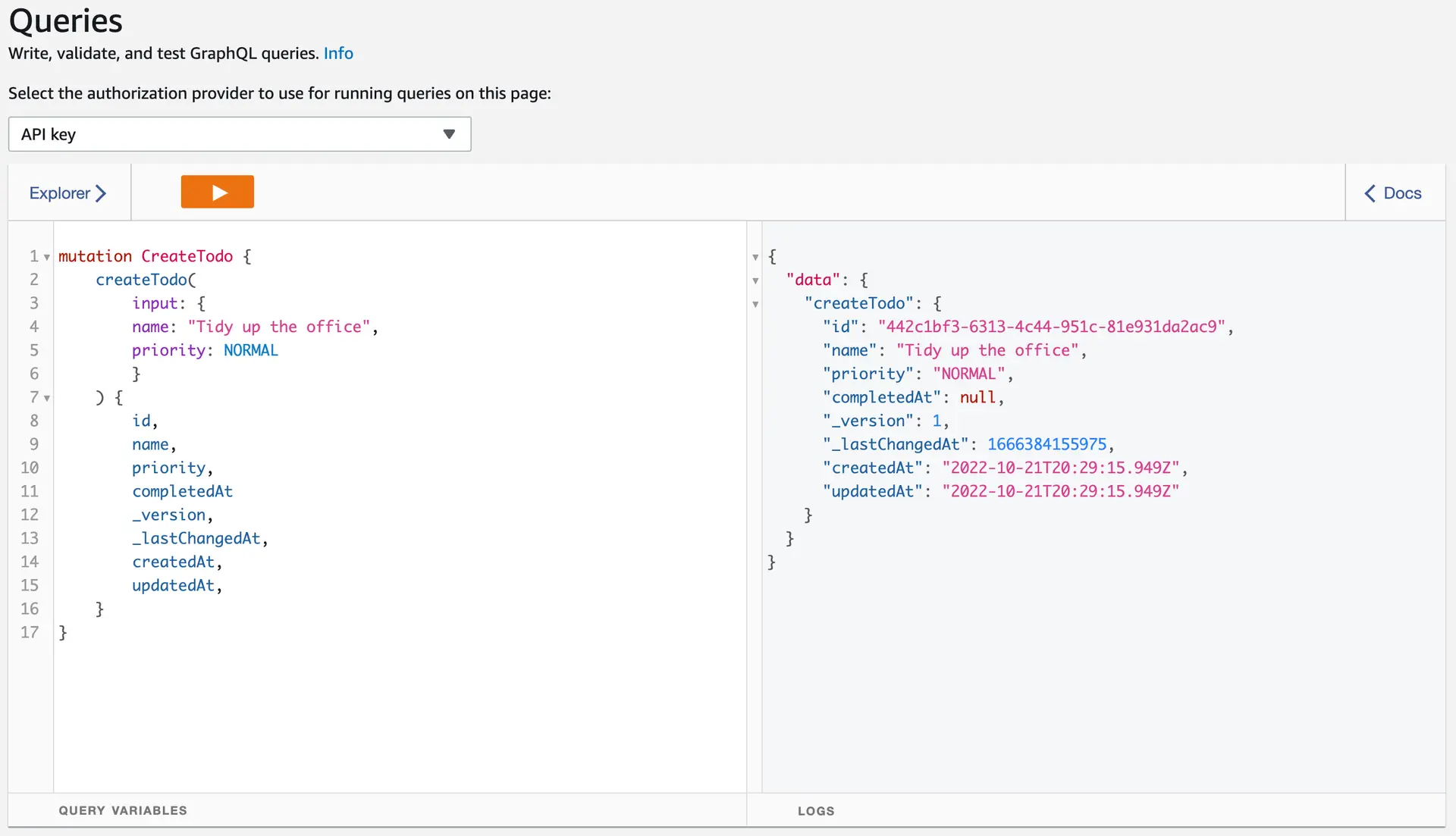 Shows the query page on appsync console with the new mutation added