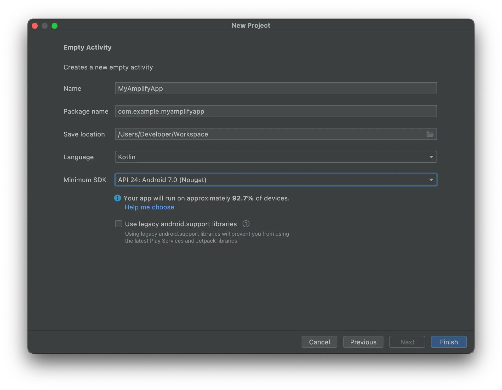 Shows Android studio configure project window