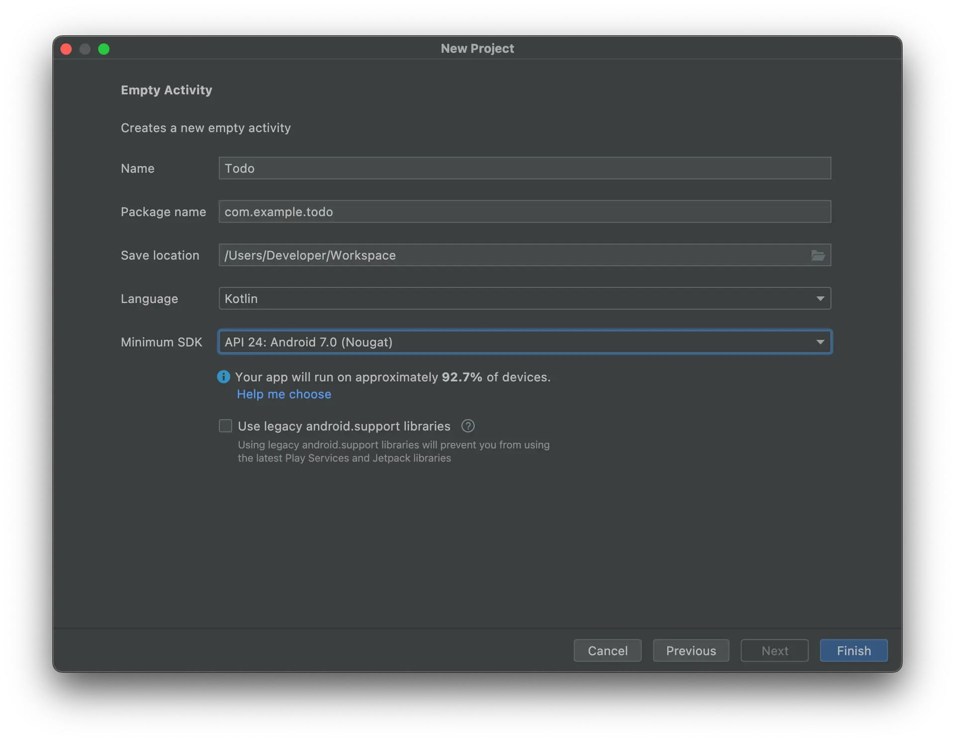 Shows android studio configure project window