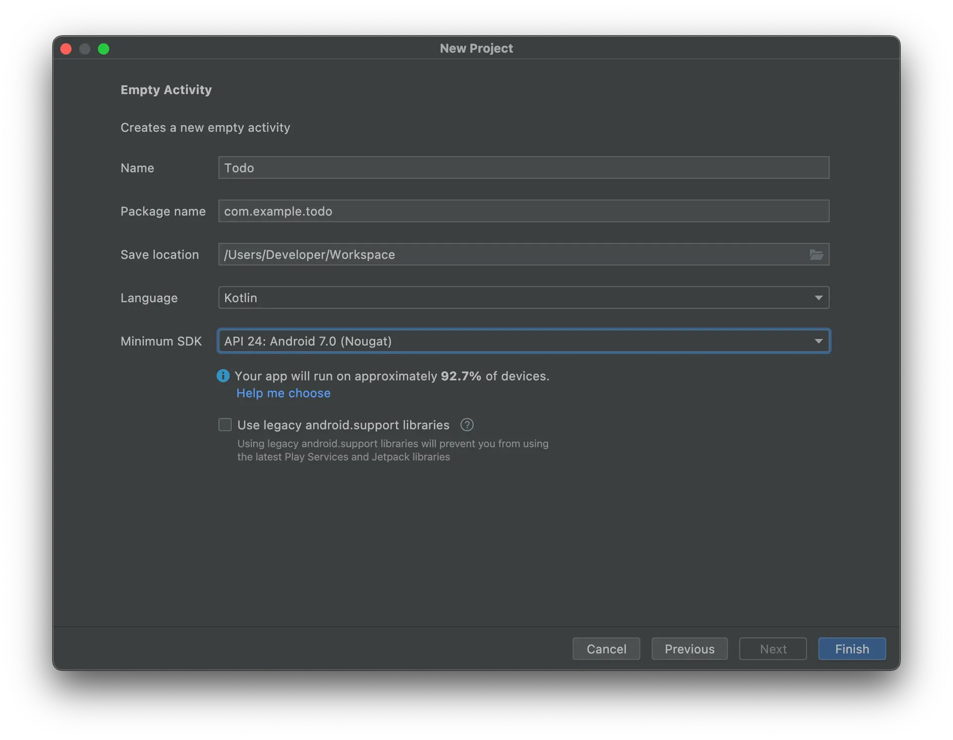 Shows android studio configure project window