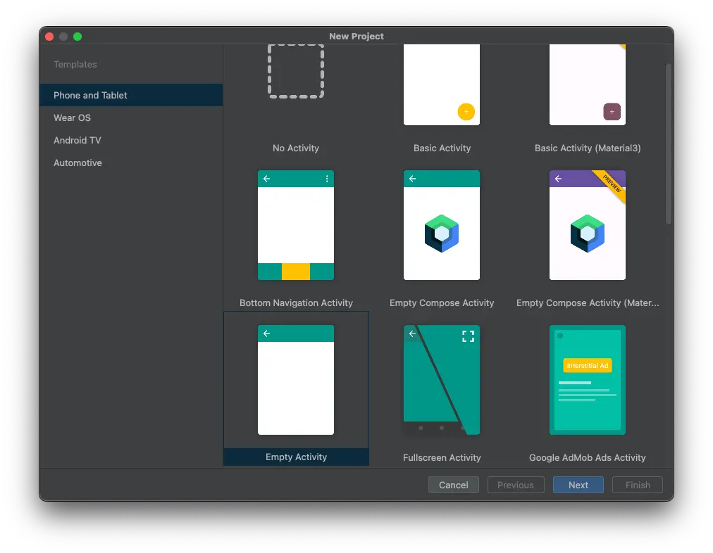 Shows Android studio new project window