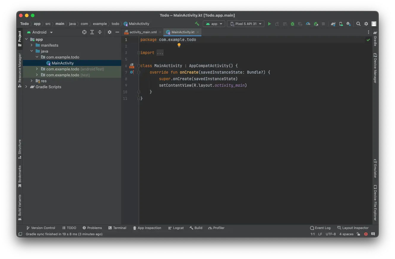Shows Android studio successfully setup with the editor open