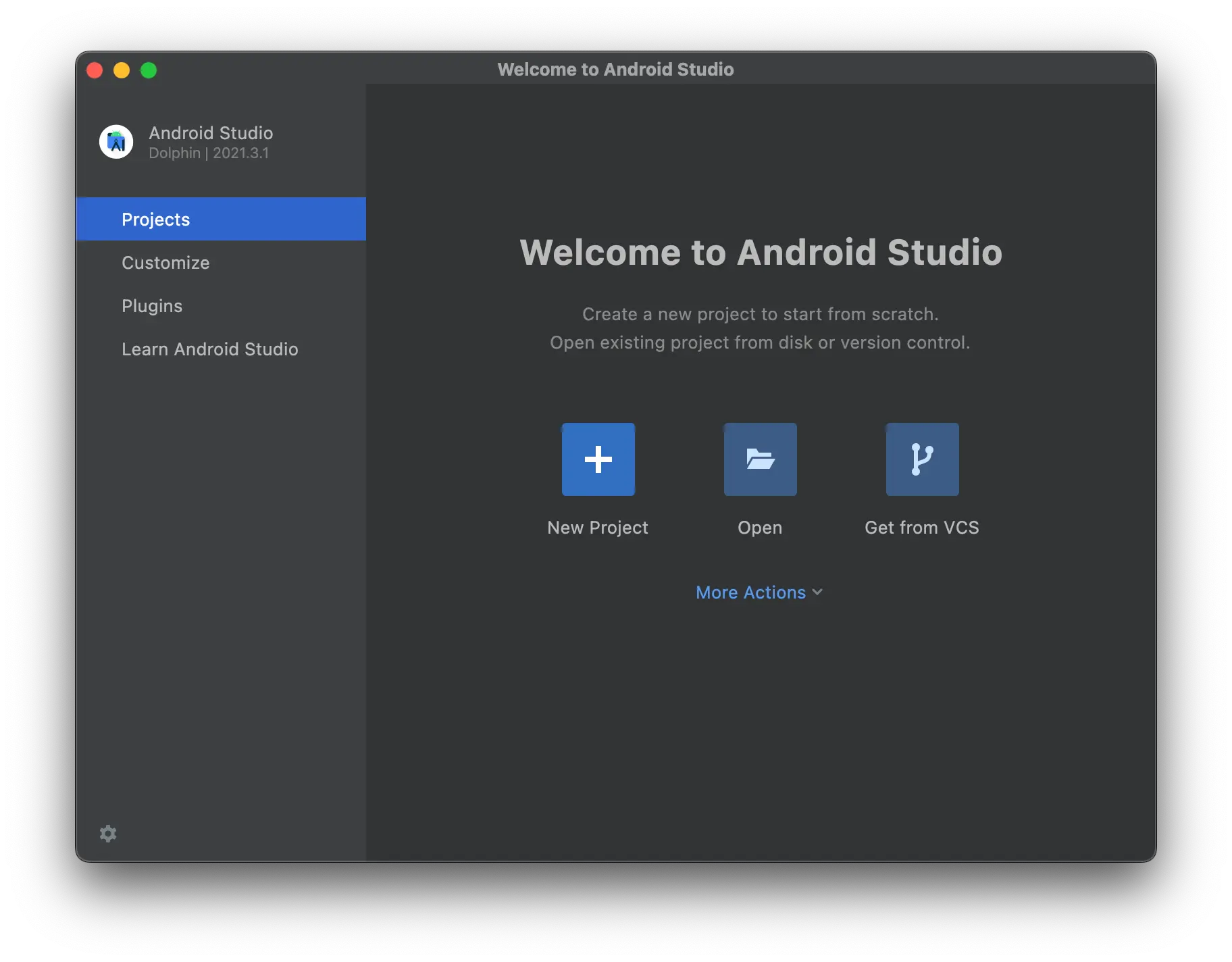 Shows the Android studio welcome window