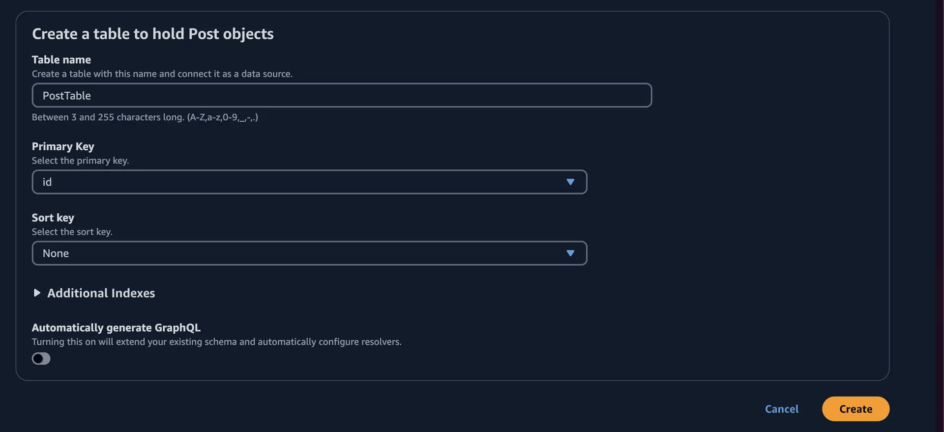 AWS AppSync console, "Create a table to hold Post objects" page. A table structure is shown with columns and values of "Table name": "PostTable", "Primary Key": "id", and "Sort key": "None". Below the table, there is an option to "Automatically generate GraphQL" which is disabled.