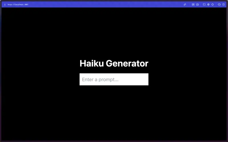 GIF of a webpage titled "Haiku Generator" and input field. "Frank Herbert's Dune" is entered and submitted. Shortly after, a haiku is rendered to the page.