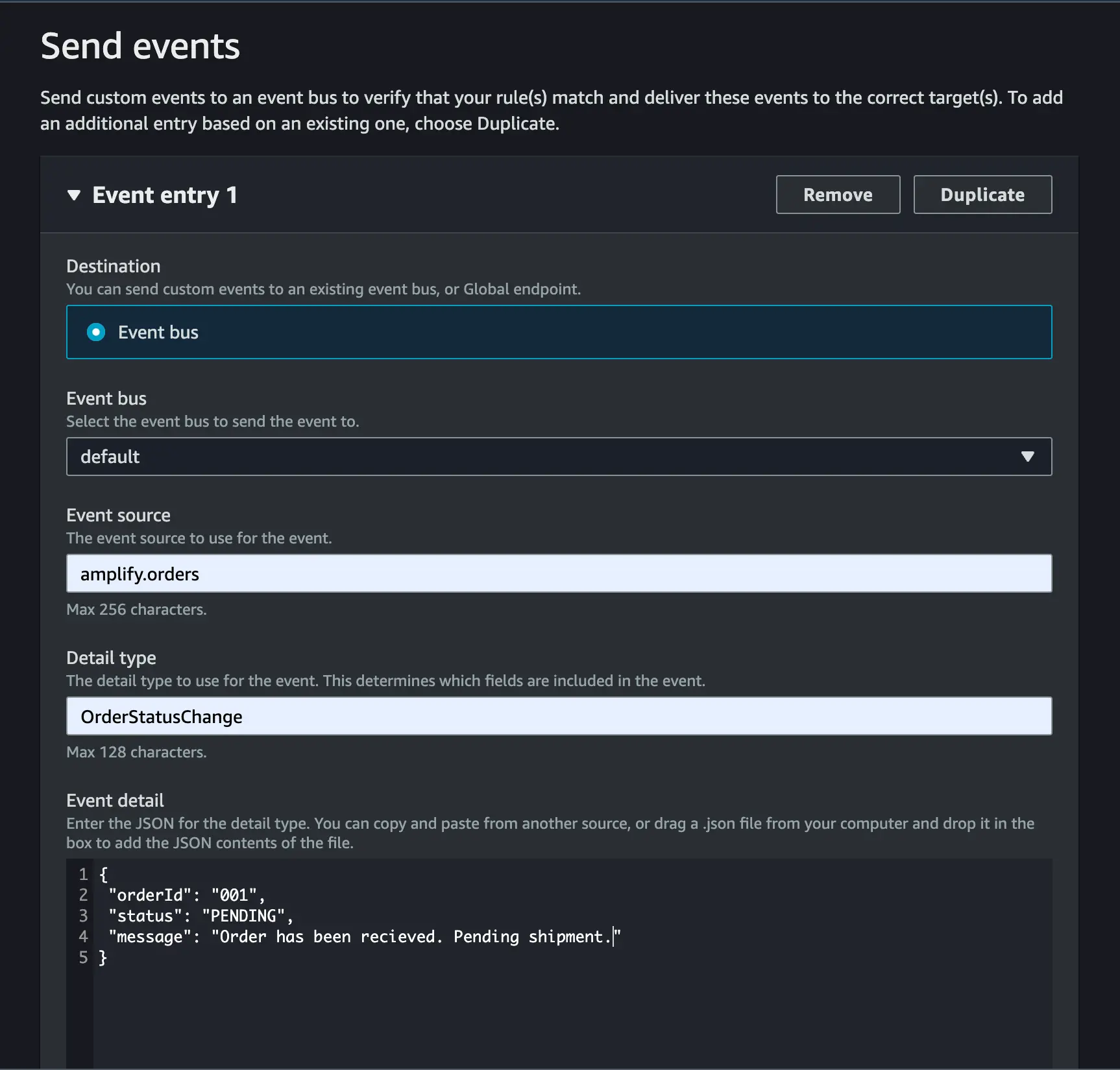 Amazon EventBridge console, page titled "Send events". Shows a form with input fields and values of "event bus: default", "event source: amplify.orders", "detail type: OrderStatusChange", and an Event detail field with JSON data containing an "orderId", "status", and "message". 