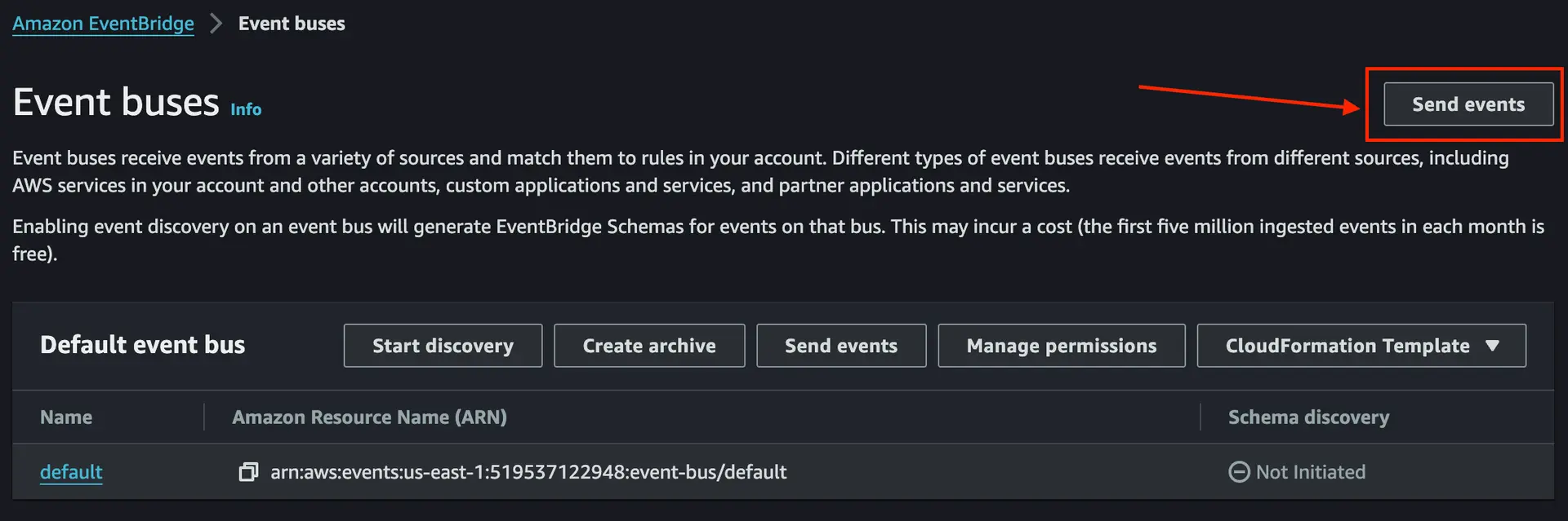 Amazon EventBridge console, page titled “Event buses”. Shows a table of event buses and a highlighted button labeled "Send events."