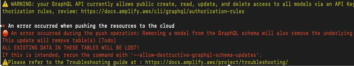 Amplify GraphQL model deletion warning