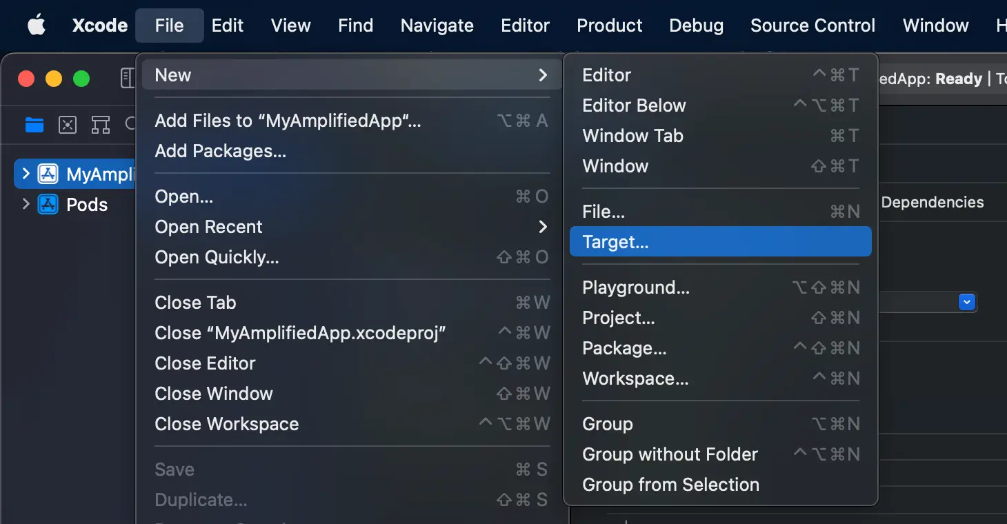 The file menu is selected in the toolbar, then the new option is selected, then the target option.