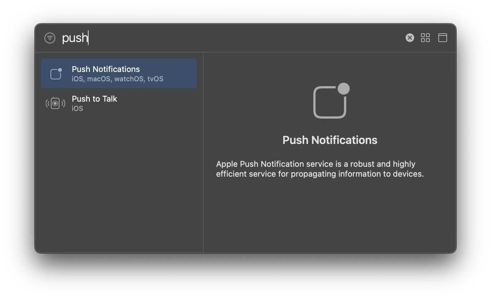 The word push typed into the search bar capabilities and push notifications is a result.