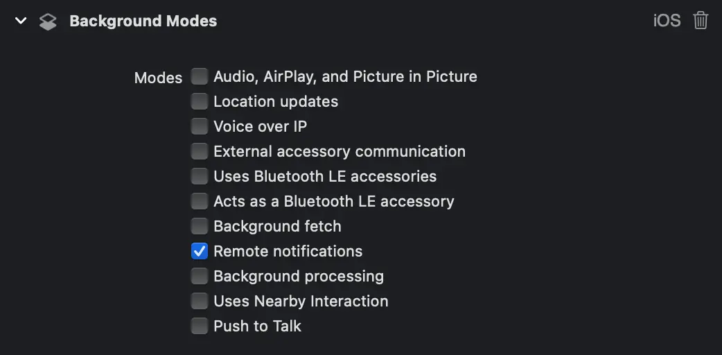 Remote notifications box is selected in the background modes section.