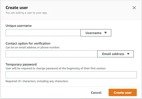 Screenshot of user creation form to create a new Amazon Cognito user in user management page