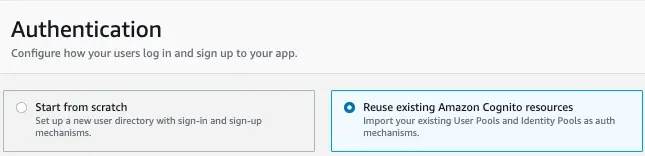 Selected option being shown to import an Amazon Cognito user pool resource