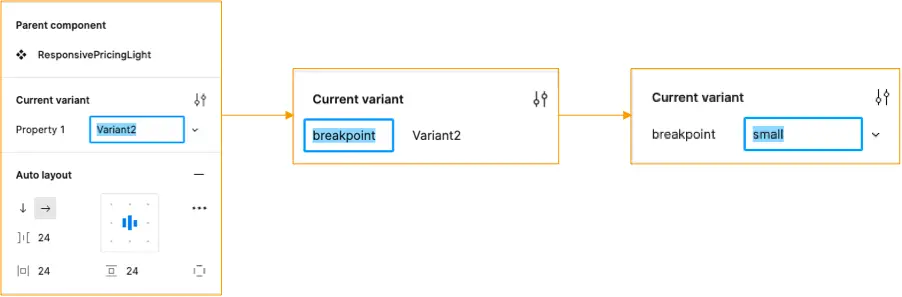 Flow showing how to change the the prop name to breakpoint and the value to small