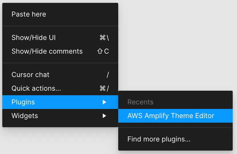 Context menu showing how to view plugins and select the AWS Amplify Theme Editor